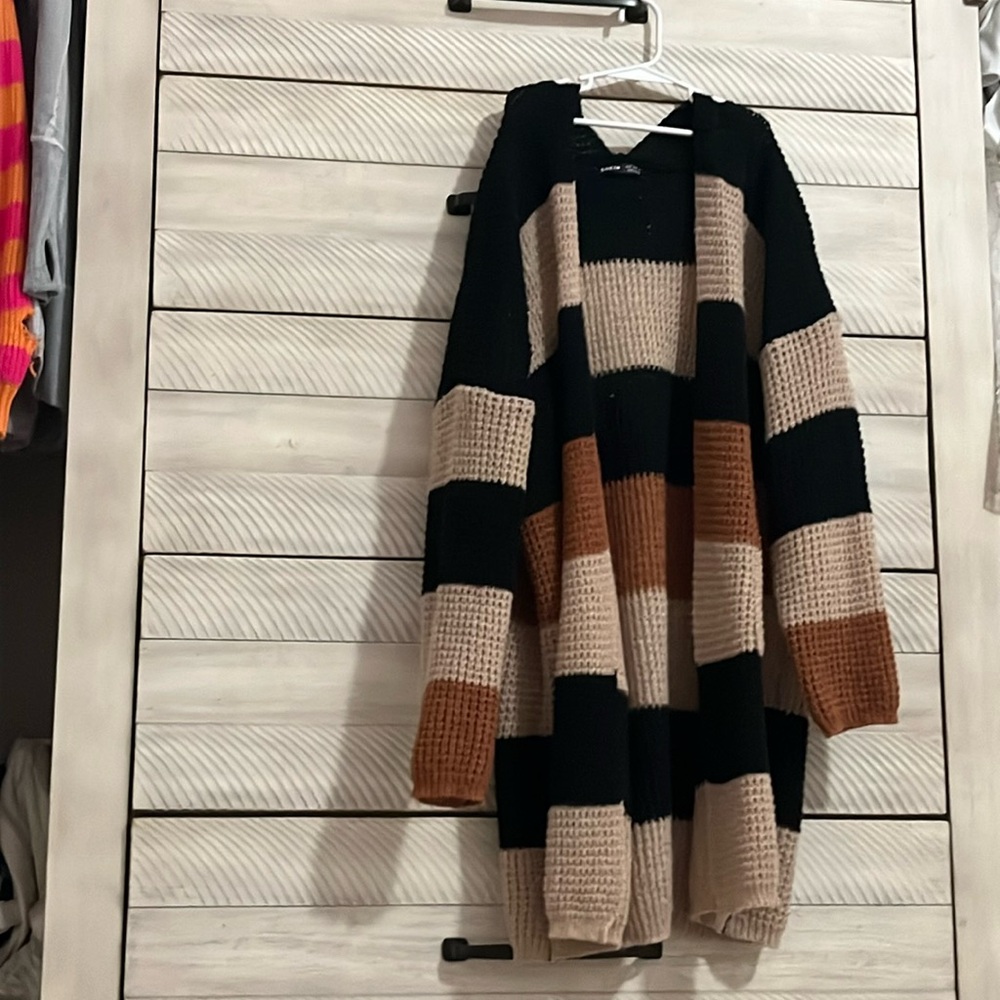 Women’s SHIEN small brown tan and black long cardigan worn once